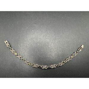 Vintage 925 Sterling Silver Black Onyx Marcasite MOP Chain Bracelet Sz 7"